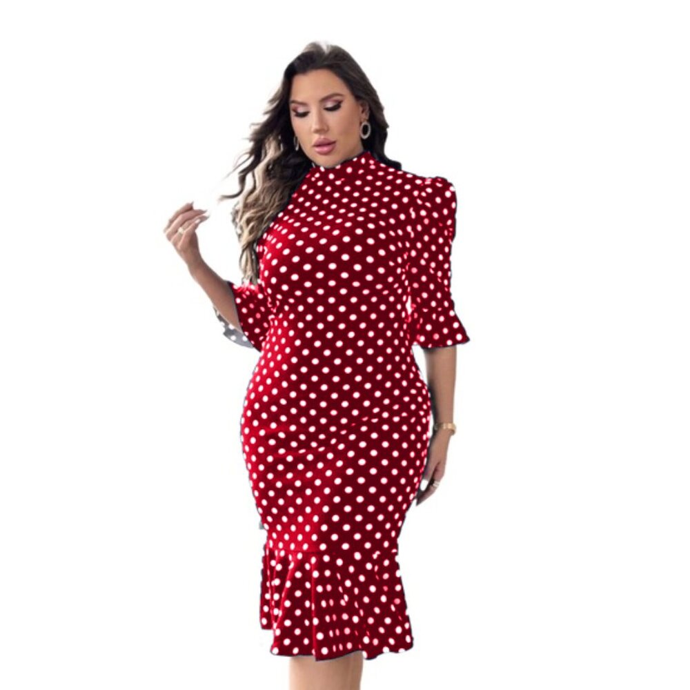 Red Polka Dot Dress Retro Fitted Ruffled Hemline Stand Collar MIDI